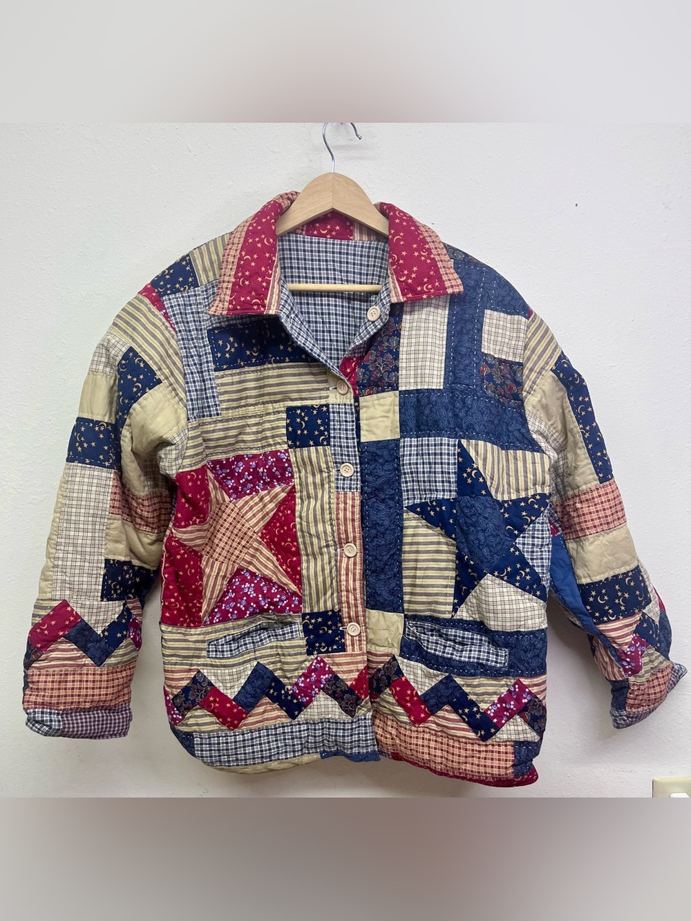 Vtg Americana Cotton Quilted Patchwork Lone Star Plaid Reversible Jacket Size S